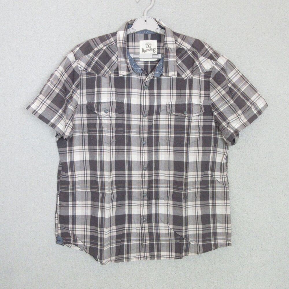 Roebuck & Co Shirt Mens XXL‎ Short Sleeve Plaid Snap Front 100% Cotton Gray